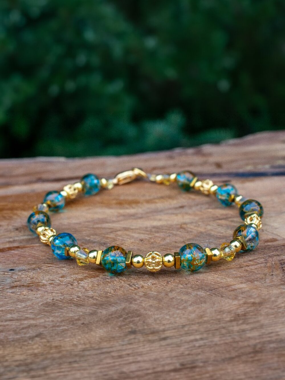 Blue Glass, Golden Hematite, and Gold-Plated Bead Bracelet